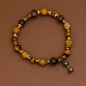 8 inch, Vintage Gold Tone Stone Beads Dumbbell Charm Beaded Bracelet - U30